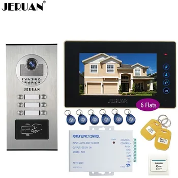 

JERUAN 7 INCH Video Door Phone Doorbell Intercom system RFID Access Entry Security Kit For 6 Apartment Camera to 6 Household