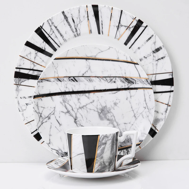 

European Cup Kit And Plates Twill Marbling Series Tea Cup Saucer Steak Dishes Food Tray Home-use Tableware Coffee Set Bone China