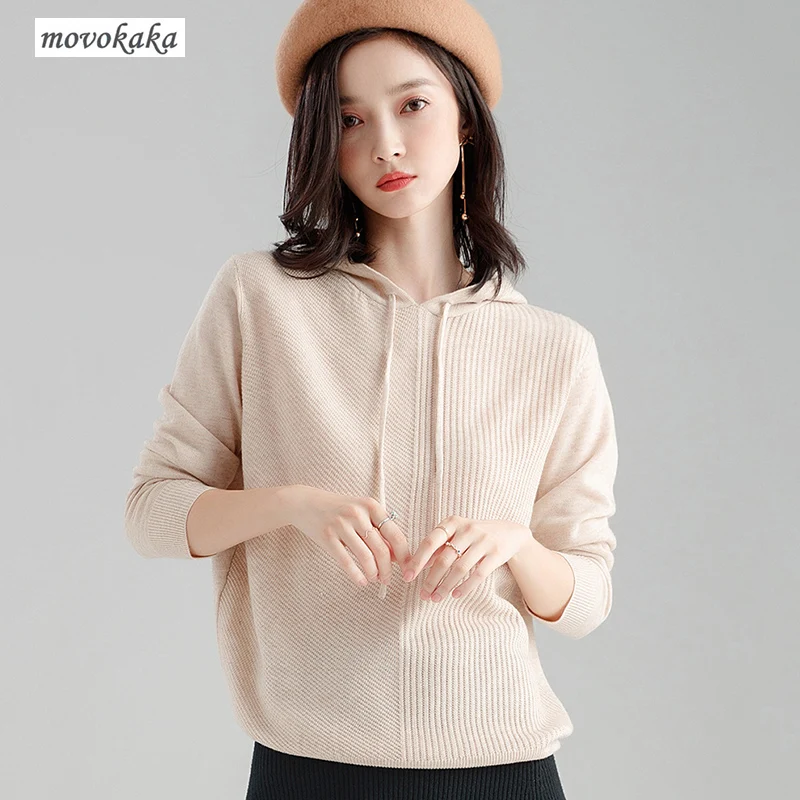 

MOVOKAKA Sweaters Wool Lazy Style New Sweater Female Knitted Full Sleeve Top Pullover Sweater Women Hooded Solid Ribbed Sweaters