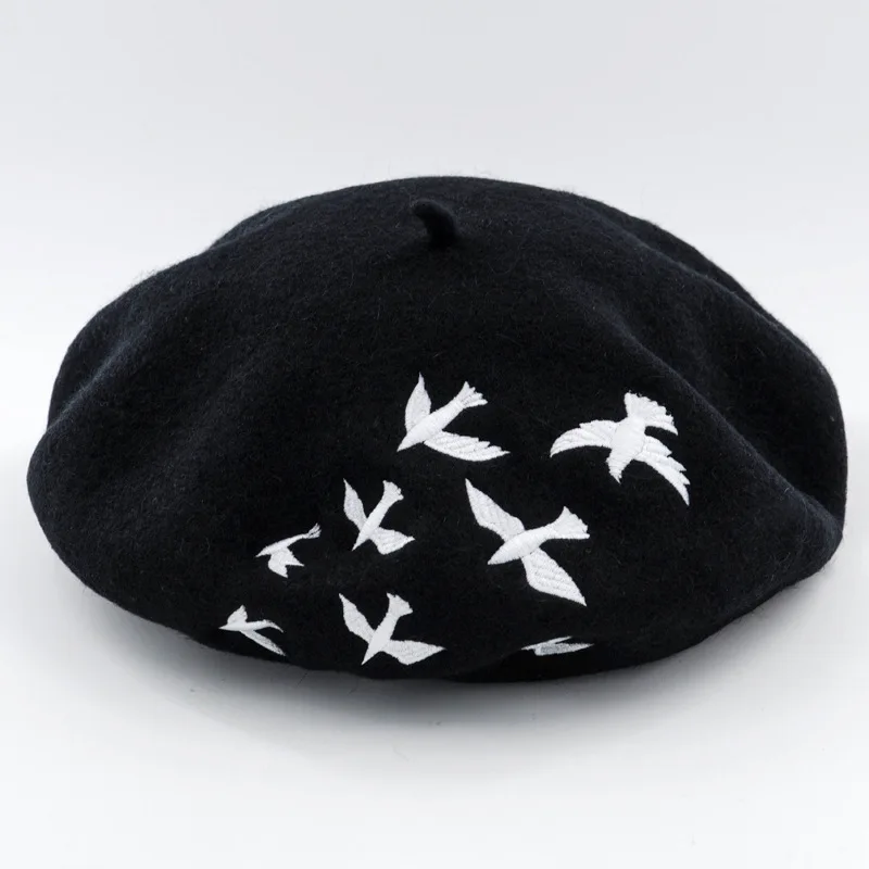 USPOP Hot Fashion women berets female wool beret casual wool thick warm winter hat cute bird embroidery berets painter hat - Color: Black