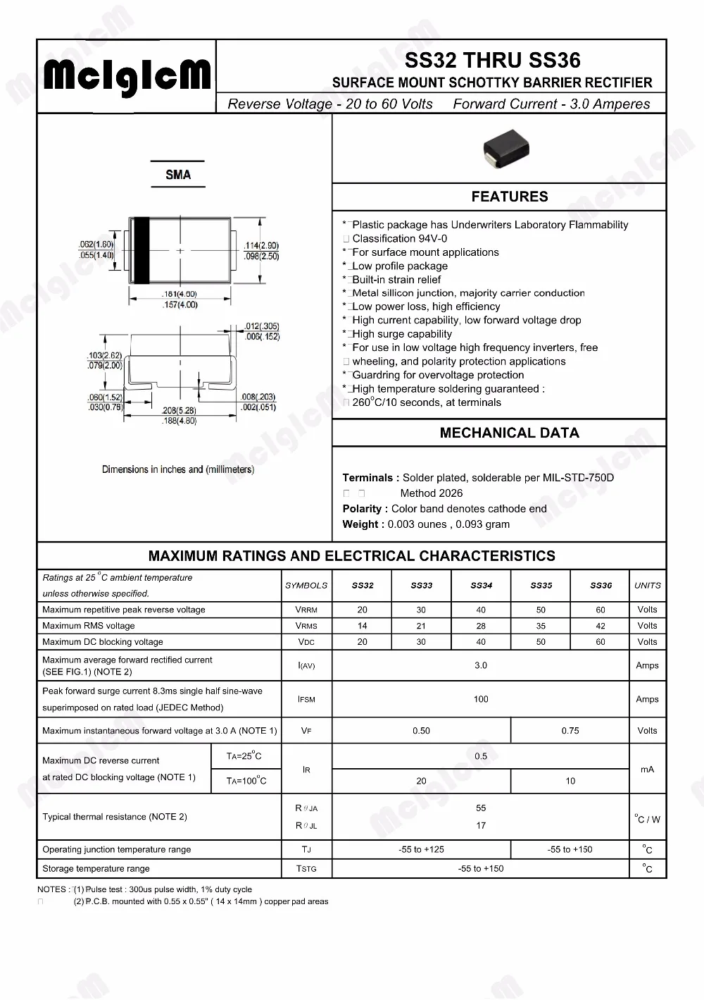 MCIGICM 100 шт. SS36 sma smd DO-214AC Диод Шоттки