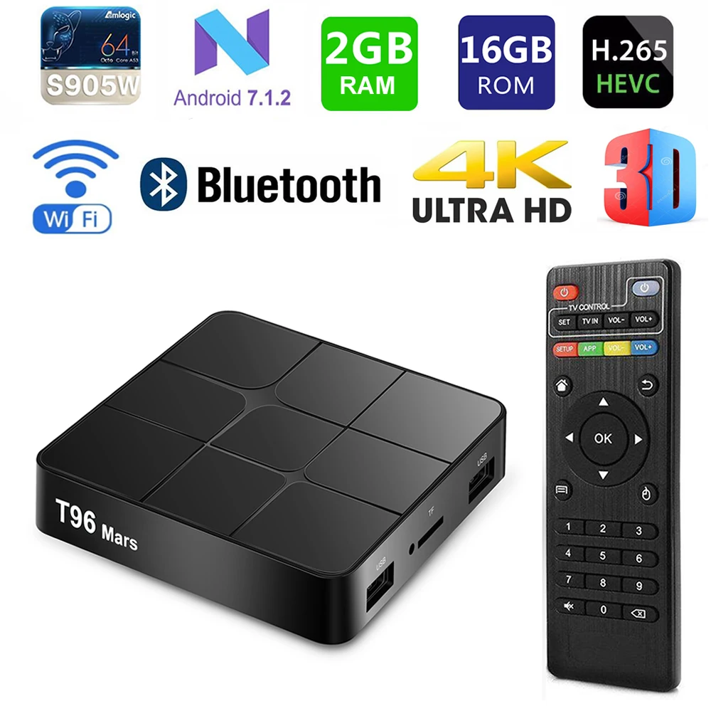 

T96 Mars Smart TV Box Amlogic S905W Quad Core 2GB Ram 16GB Rom Android 7.1 Bluetooth WIFI H.265 3D 4K Media Player Sep-Top Box