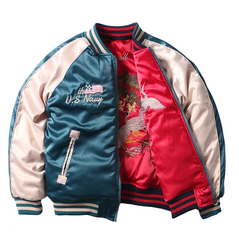 

Two Sides Luxury Embroidery Jacket Smooth Men Sukajan Yokosuka Souvenir Winter plus thick Wadded Jacket Warm Coats
