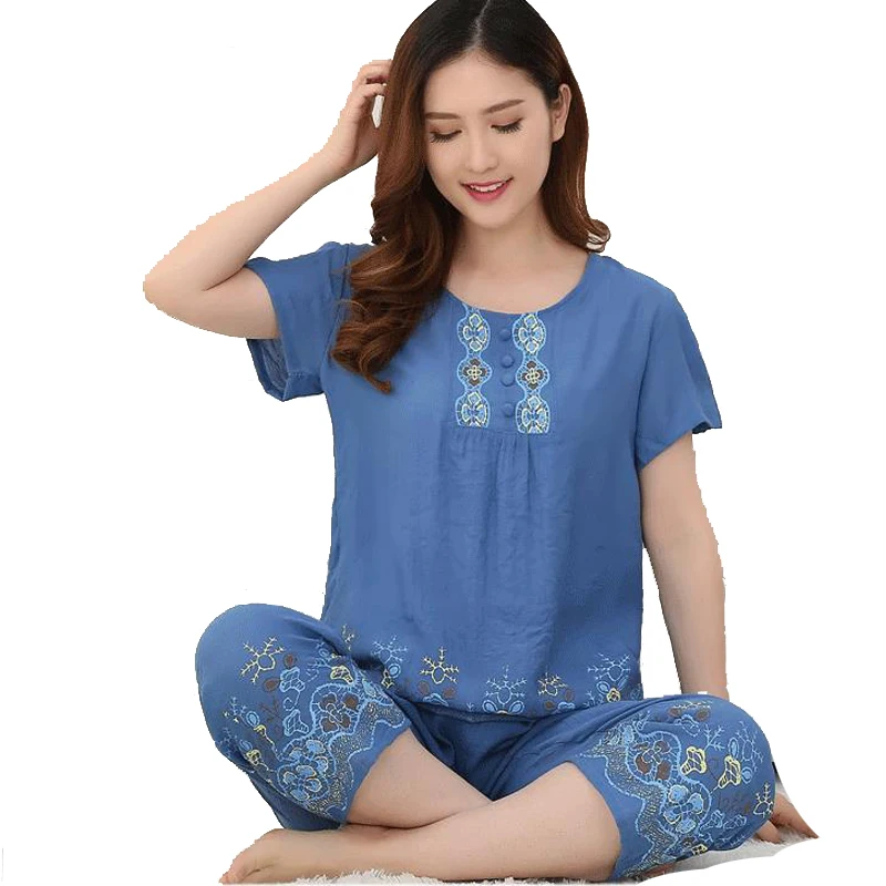 New Arrival Female Pajamas Set Sleepwear Women Cotton Linen Print  Flower Pyjamas Summer Casual Loose Nightwear Home Wear