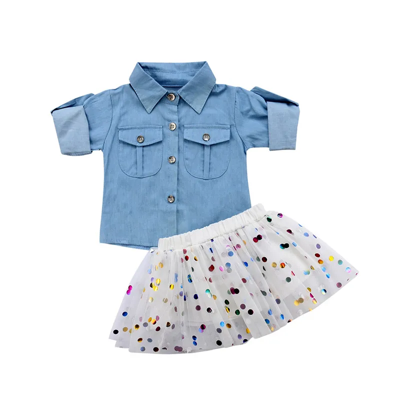 

Baby Girls Toddler Clothes long sleeve Button turn-down collar pocket Tops Polka Dot Tulle Skirts 2PCS kids cotton Outfits
