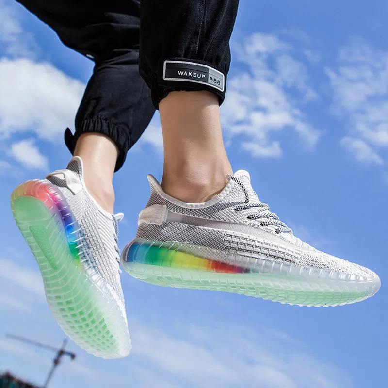 2019 Hot Transparent Bottom Coconut Shoe Male Motion Tide Shoes Flying Weaving Male Shoe Ventilation Running Shoes Nice Shoes
