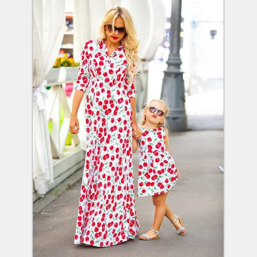 

ZOGAA 2019 Summer Seven-sleeved Cherry Printing Parent Dress Cute Mother and Daughter Clothes Maxi Dress