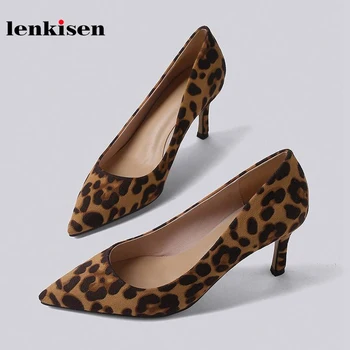 

Lenkisen special leopard black color thin high heel slip on shallow sexy lady pumps pointed toe autumn concise flock shoes L19