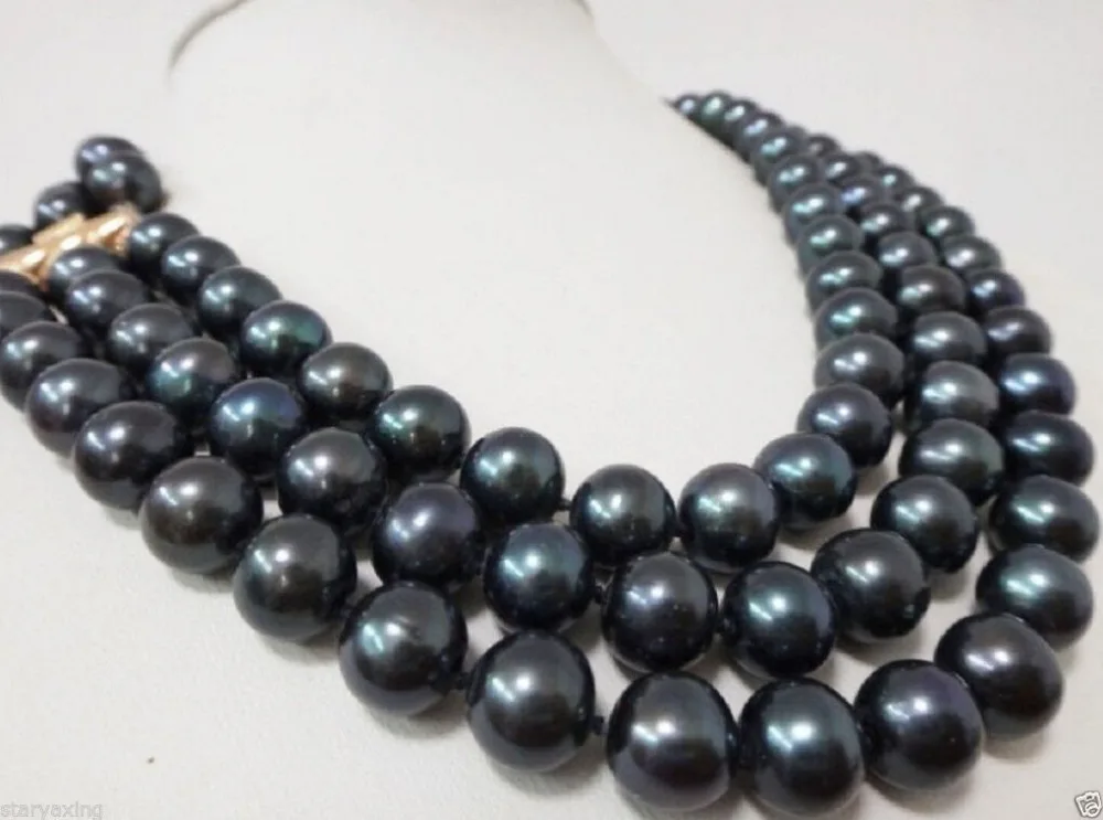 

Free Shipping >>XFTN DRY 3 Row 9-10MM AAA+ NATURAL TAHITIAN BLACK PEARL NECKLACE 17"18"19