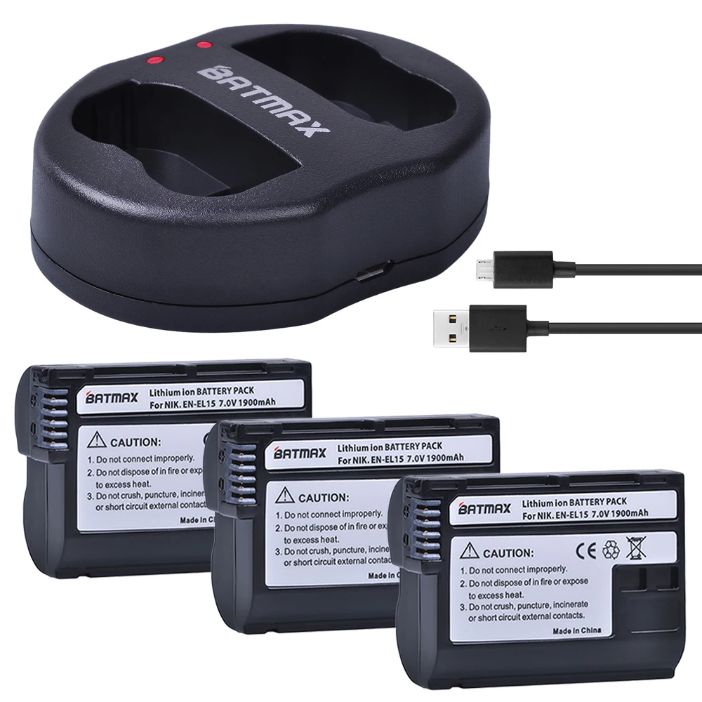 Аккумуляторная батарея Batmax 3 шт. внешний аккумулятор EL15 ENEL15 и зарядное устройство