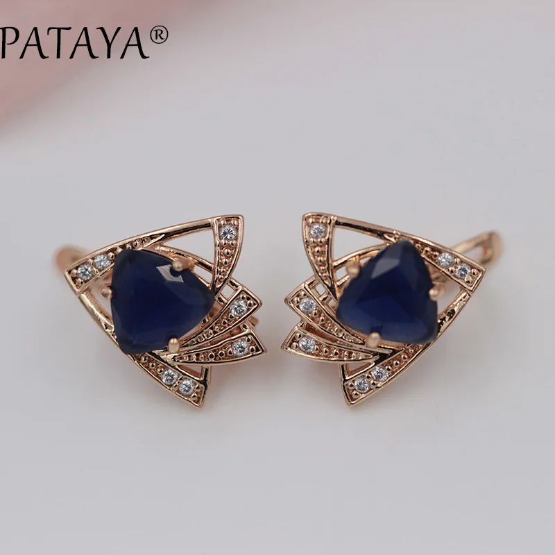 PATAYA, новинка, высокое качество, 585, розовое золото, серьги,, сердце, любовь, треугольные, зеленый циркон, серьги для женщин, хорошее ювелирное изделие, серьги-капли - Окраска металла: sapphire