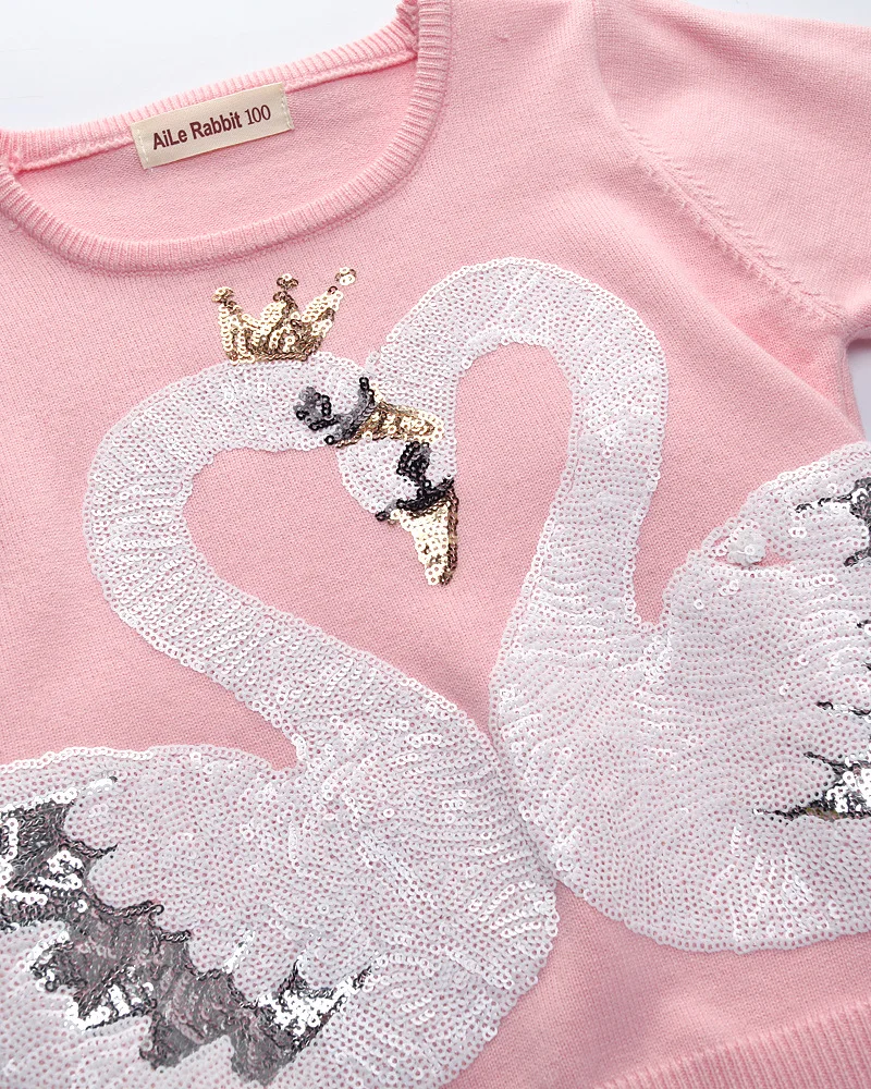 Модный свитер с блестками и рисунком лебедя для девочек на осень и зиму Детский свитер с круглым вырезом розовая рубашка детская одежда