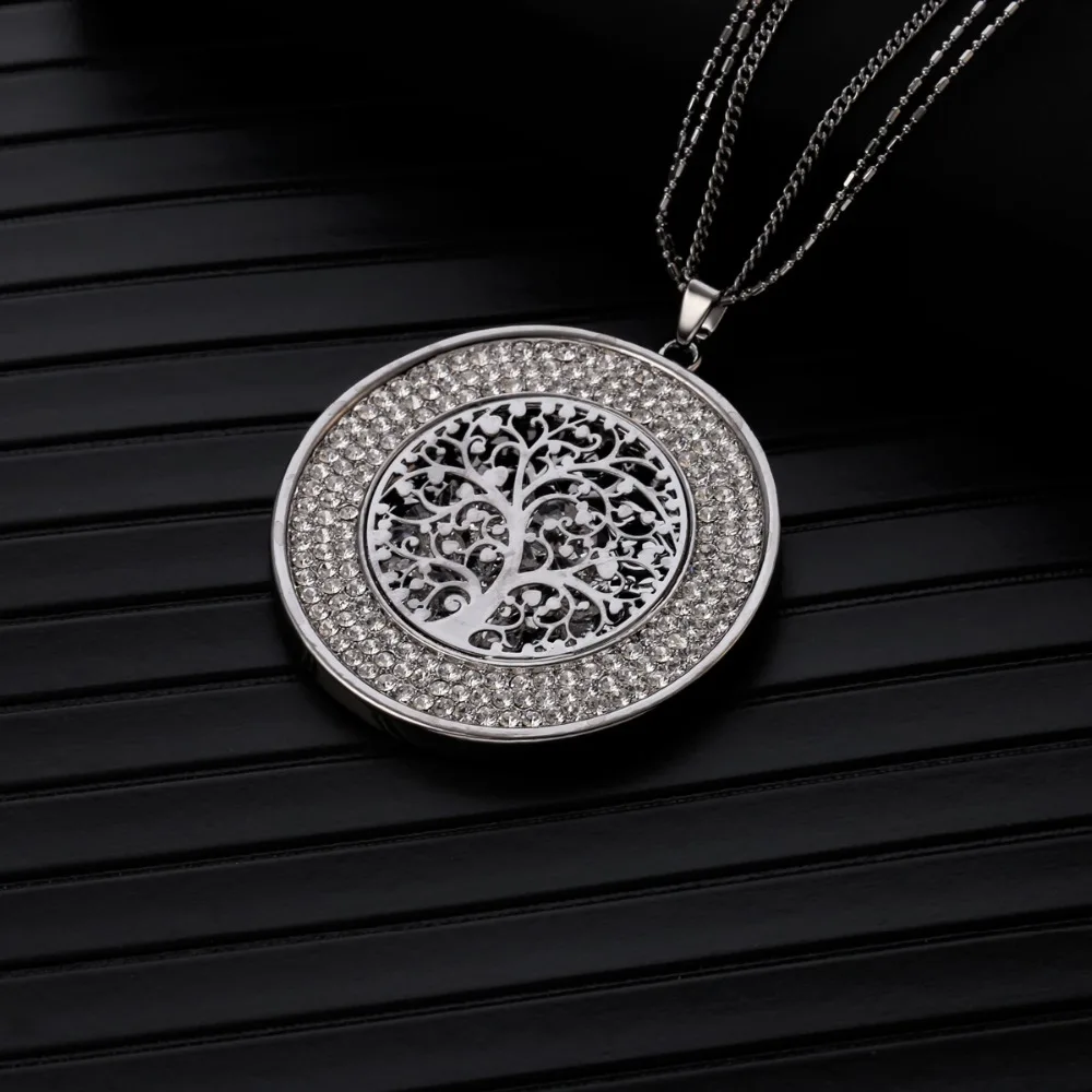 Hollow Inside Crystal Round Tree of life Necklaces& Pendants Long Sweater Chains Crystal Necklace For Women Statement Jewelry