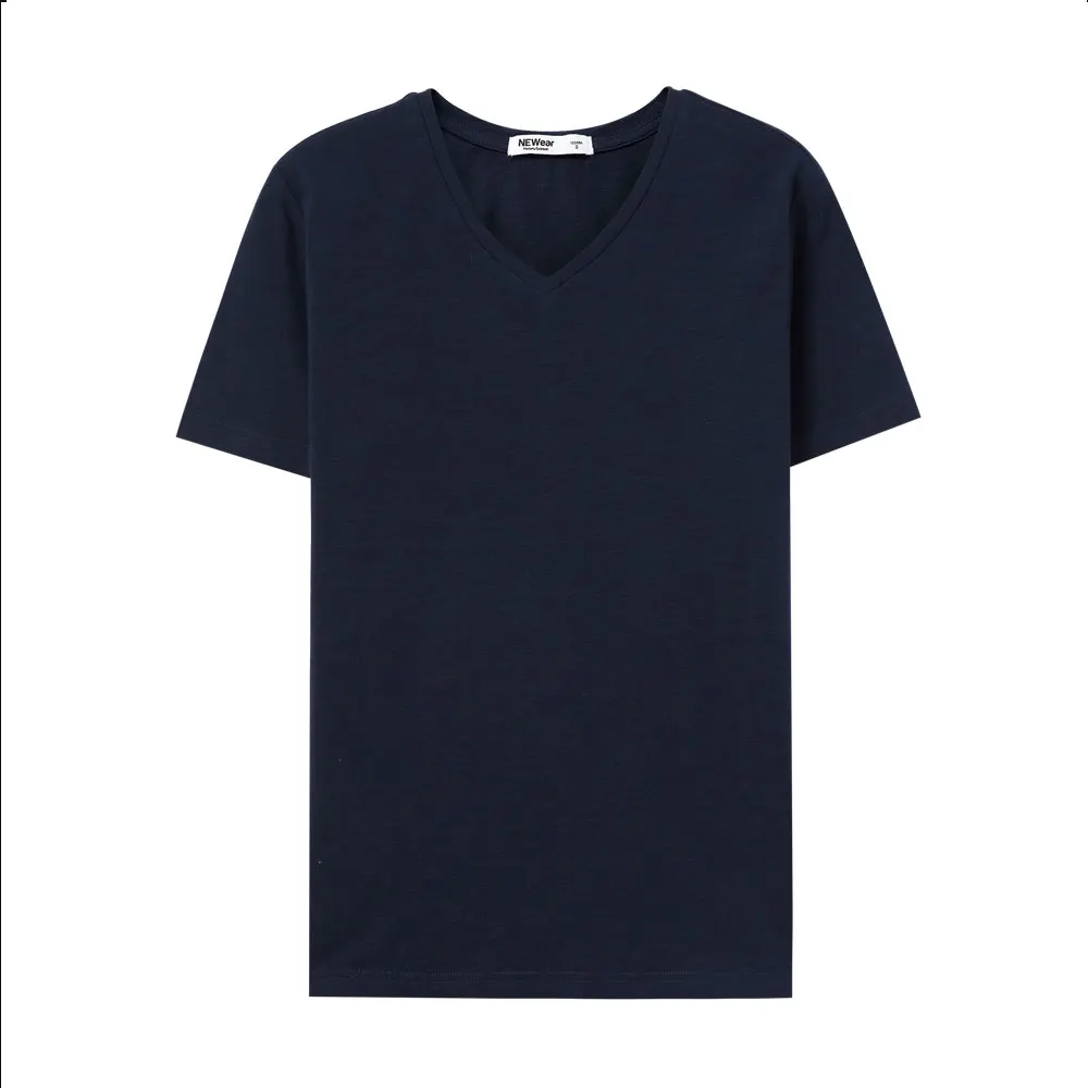 METERSBONWE мужская футболка, одноцветная хлопковая рубашка, летняя повседневная трикотажная рубашка с v-образным вырезом и коротким рукавом, футболка для мужчин - Цвет: blue-black