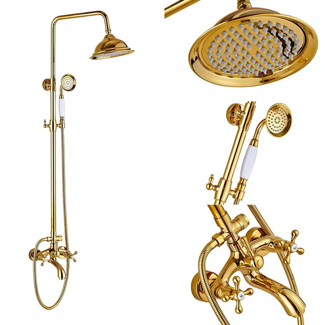 Luxury Gold Finish Wall Mounted Bathroom Shower Mixer Taps W/ Brass