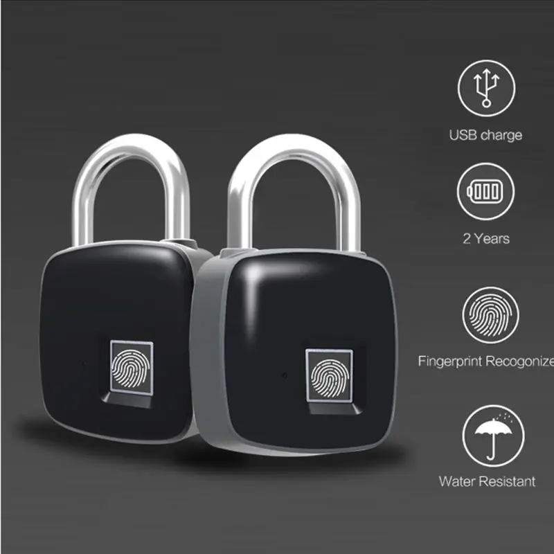 

USB Rechargeable Smart Keyless Fingerprint Lock IP65 Waterproof Anti-Theft Security Padlock Door Luggage Case Lock