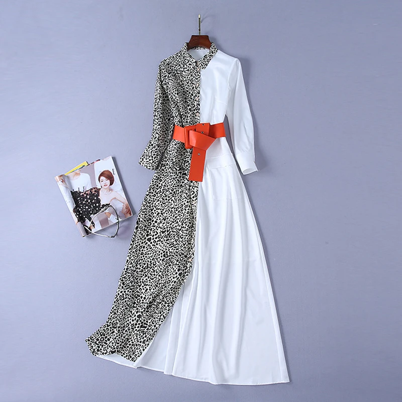 

HIGH QUALITY Newest Fashion 2019 Designer Runway Maxi Dress Women's Long Sleeve Leopard Print Patchwork Long Dress