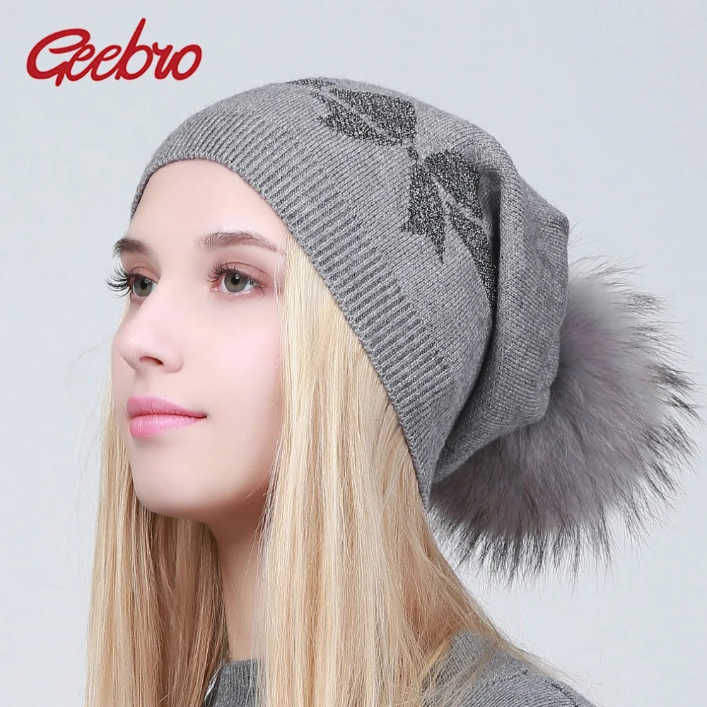 

Geebro Women's Beanie Hat Winter Causal Wool Kintted Hat With Real Fur Pom Pom Ladies Silver Printing Cashmere Pompon Beanies