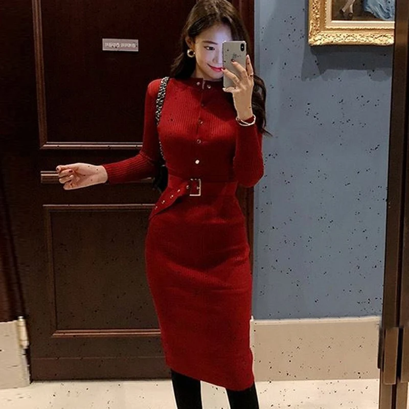 Elegant Single Breasted Women Sweater Dress O-neck Full Sleeve Sashes Stretch Vestidos Female Knee-length Knitted Dress 2018