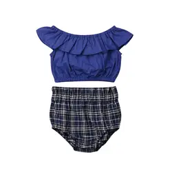 Emmababy 2019 одежда для малышей Одежда для девочек оборки, открытые плечи темно-синие топы и шорты штаны в клетку, комплект из 2 предметов, летняя