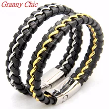 Granny Chic Fashion Men Charm Bracelet Black Leather Bracelet Stainless Steel Magnetic Clasps Bracelets Male Silver Gold Jewelry