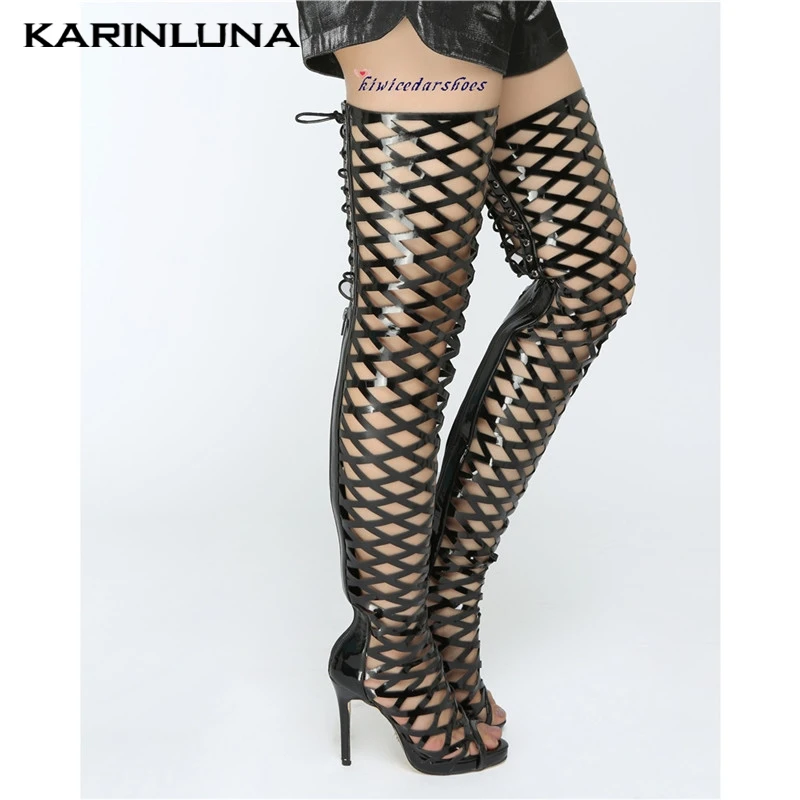

Karinluna New Sexy Big Size 34-47 Cross Lace Up Summer Boots Peep Toe Sexy Thin High Heels Over The Knee Boots Woman Shoes