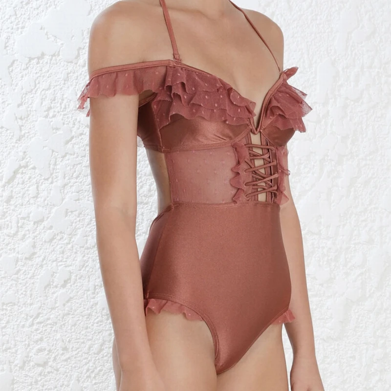 

Solid Lace Mesh Bandage Swimwear One Piece Swimsuit Women Neck Cross Beachwear Off Shoulder Bathing Suit Flouncing Bodysuit XL