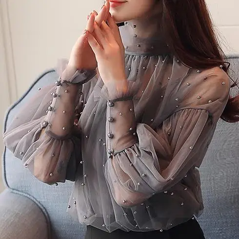  Plus Size 2XL Women Top lantern Sleeve Autumn Spring Blouse Beading Elegant Blouse Chiffon Pearl Sh