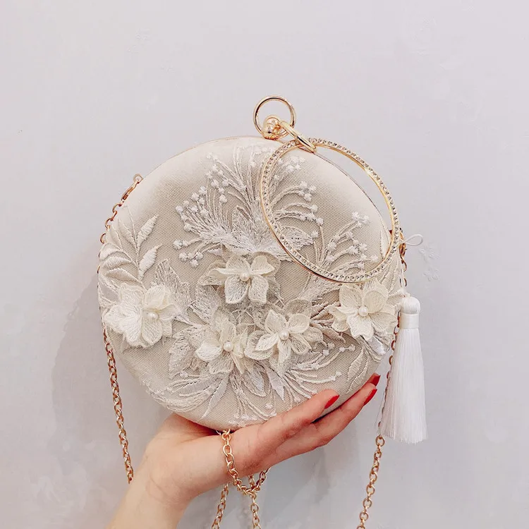 Brand Luxurious Retro Tassel Evening Small Clutch Bag Handmade Embroidery Flower Women Round Purse Party Wedding Handbags