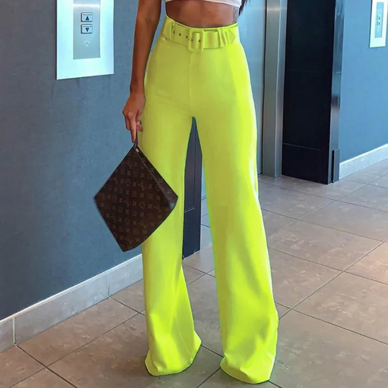 

Women High Waist Solid Pant Fashion Palazzo Pants Neon Green Streetwear Loose Jogger Ladies Casual Pants 2019 New Wide Leg Pant