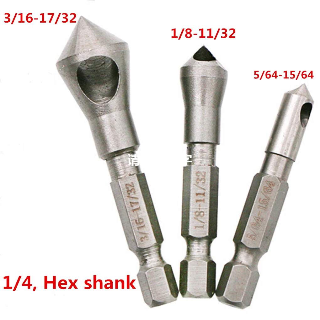 

3pcs Inch 90 degree hex shank inclined hole chamfering internal chip removal countersink deburring woodworking reamer