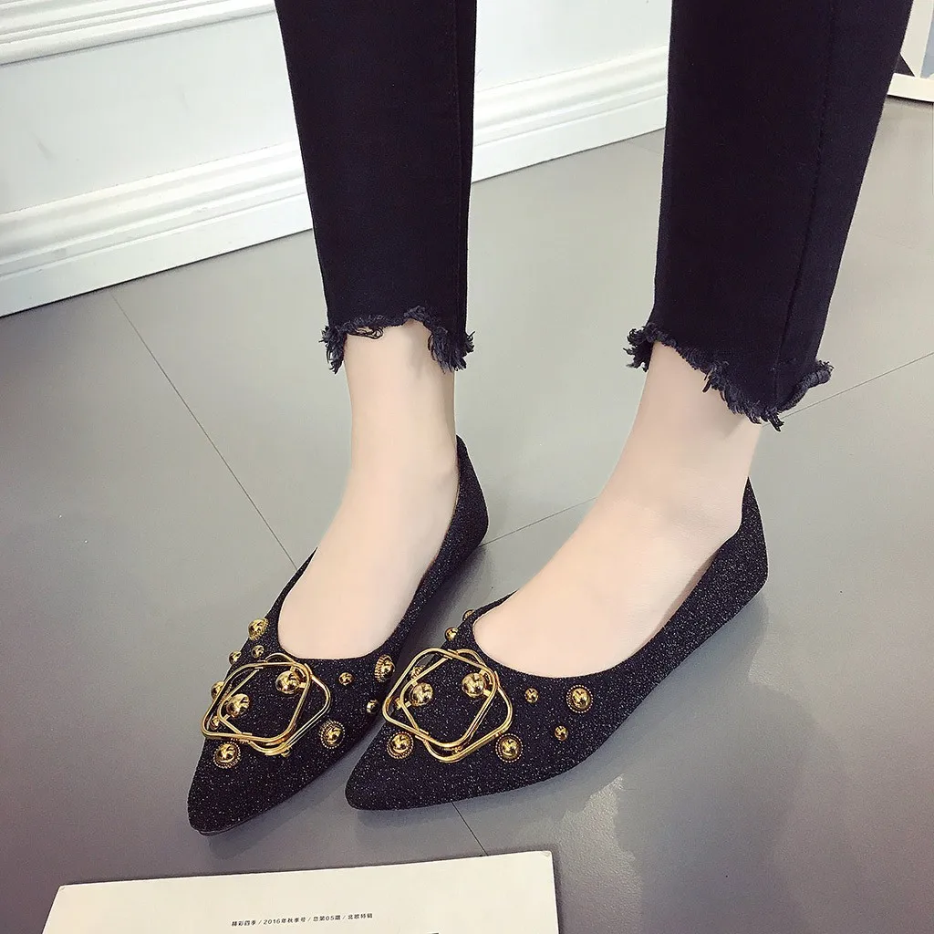 

2019 Spring Women Flat Shoes Fashion Metal Bling Ladies Shallow Loafers Single Casual Shoes Pointed Toe Flat Shoes