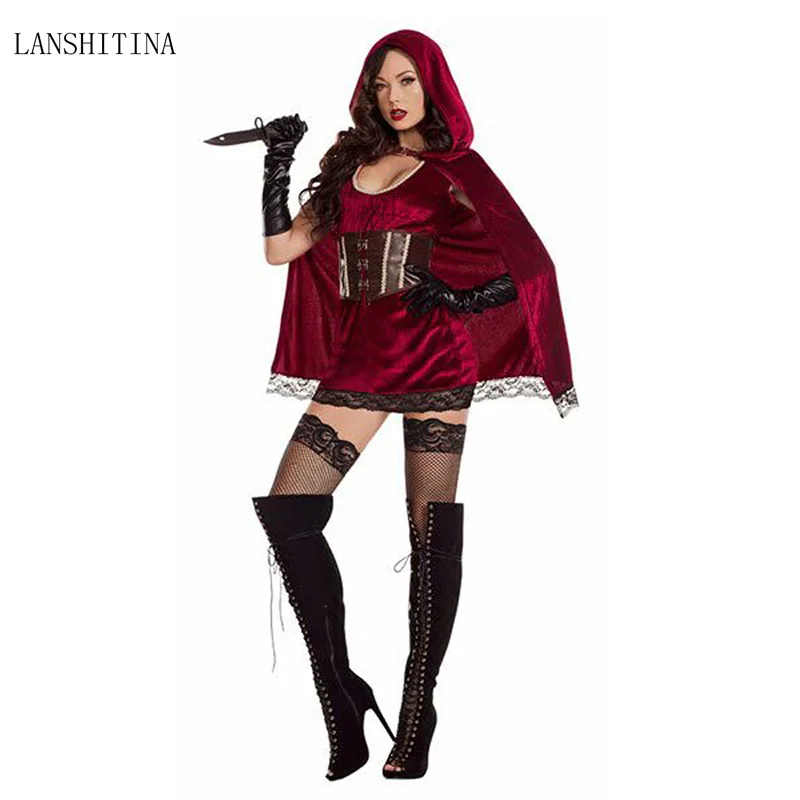 

LANSHITINA Adult Halloween Costume Cosplay Little Red Riding Hood Dress Party Outfit Little Red Riding Hood Costume Women