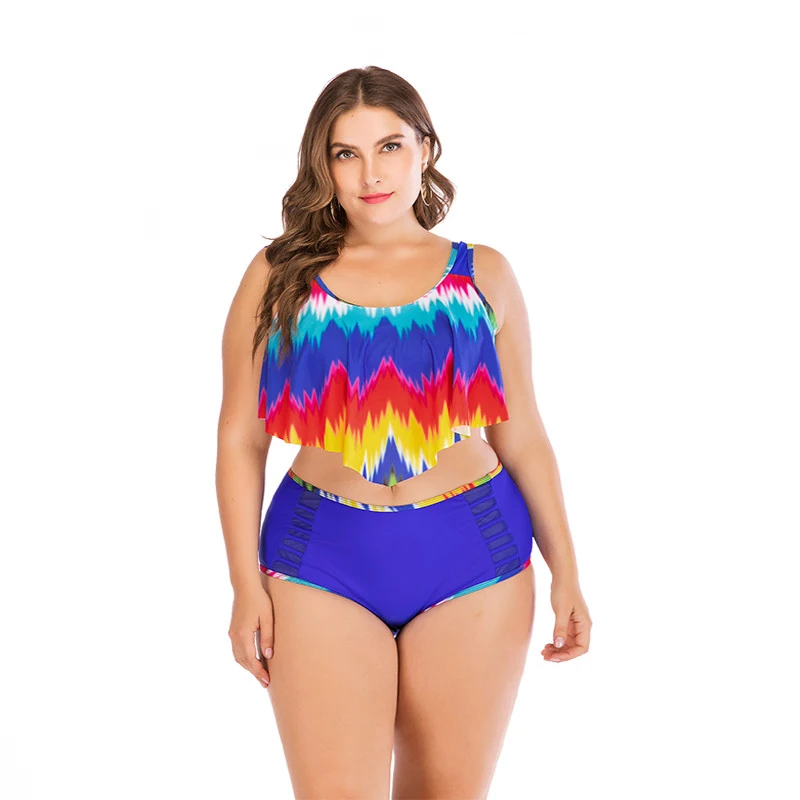 С гофрированными манжетами больших Размеры Плавание одежда с открытыми плечами из двух частей Плавание костюм Монокини пуш-ап Плавание костюм Винтаж пляжная одежда, купальник Для женщин