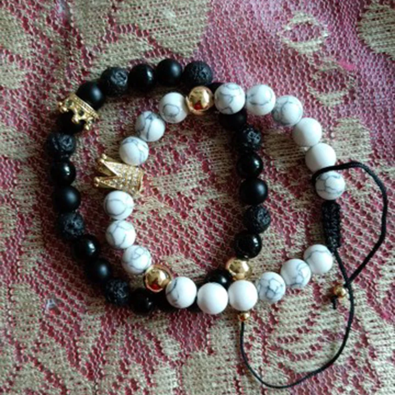 Cz Crown Charms Stone Beads Men Couple Bracelets Jewelry For Women 2Pcs/Set Bangles Sets Masculina Bileklik Pulseira Feminina