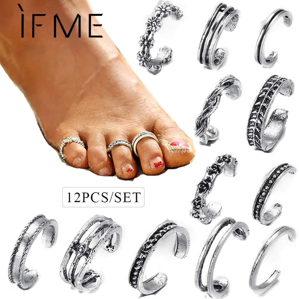 

IF ME Vintage Foot Ring Set for Women 12PCs/Set Antique Silver Color Flower Leaf Toe Rings Open Sexy Foot Summer Beach Jewelry