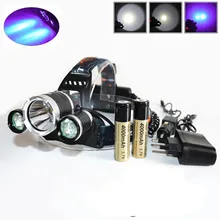 3 светодиодный фар 8000LM XM-L T6 УФ светодиодный налобный фонарь 395nm ультрафиолетового Перезаряжаемые фара 18650 Батарея Зарядное устройство