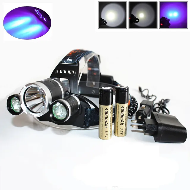3 LED Headlight 8000LM XM L T6 UV LED Headlamp 395nm Ultraviolet Rechargeable Head lamp lampe