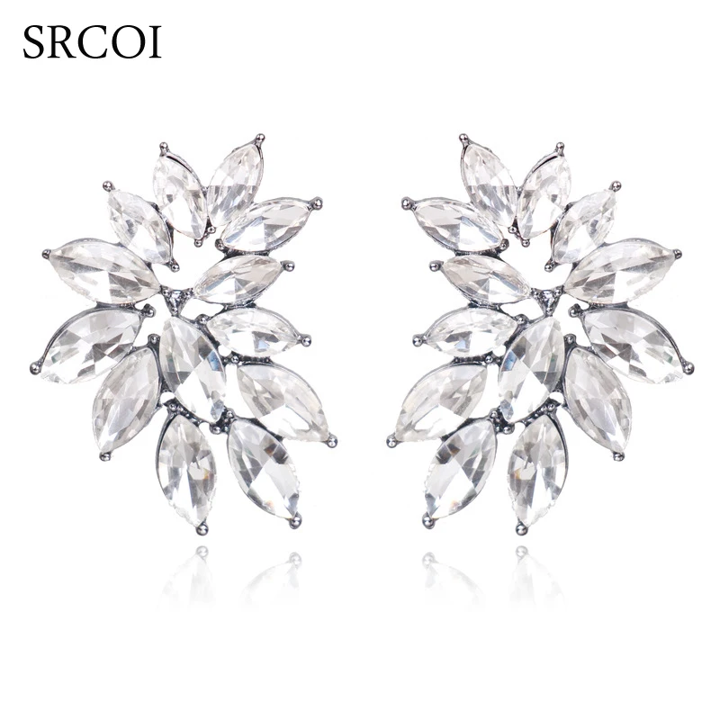 

SRCOI Luxury Clear Champagne Crystal Earings For Girls Rhinestone Flower Fashion Woman Earrings Stud Wedding Bijoux Femme 2018