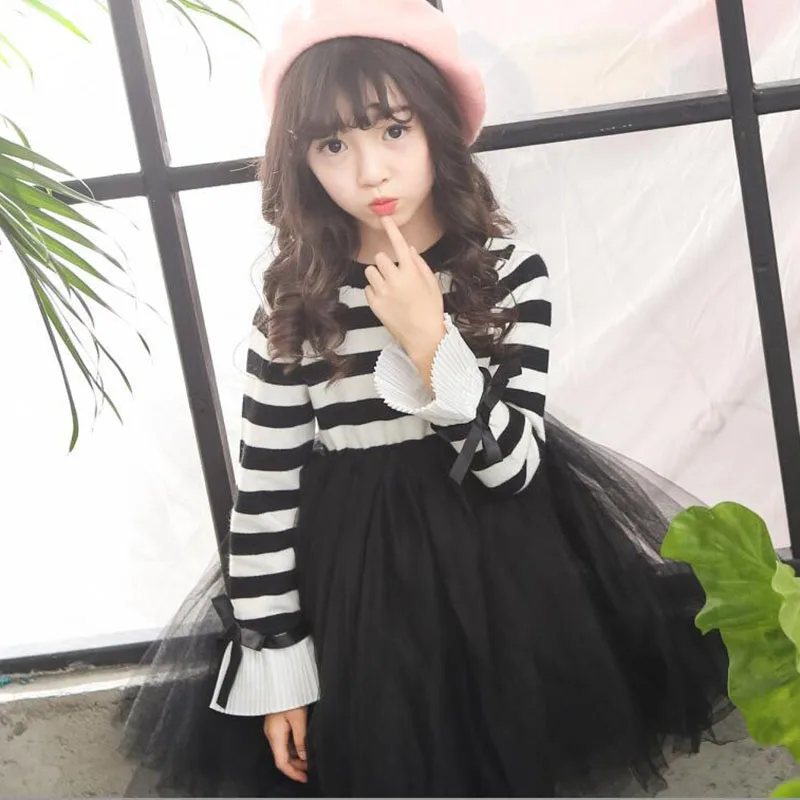 

New Autumn Cotton Warm Girl Dress Winter All-match Party Dance Vetement Children's Sweet Cute Striped Cuffs Ruched Mesh Dresses