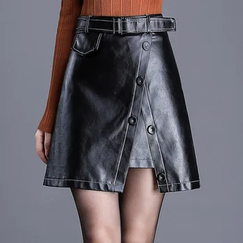 

girl Skirt Autumn winter new women's 2018 high waist split a word wild leather skirt half PU skirts black M L XL XXL XXXL 4XL