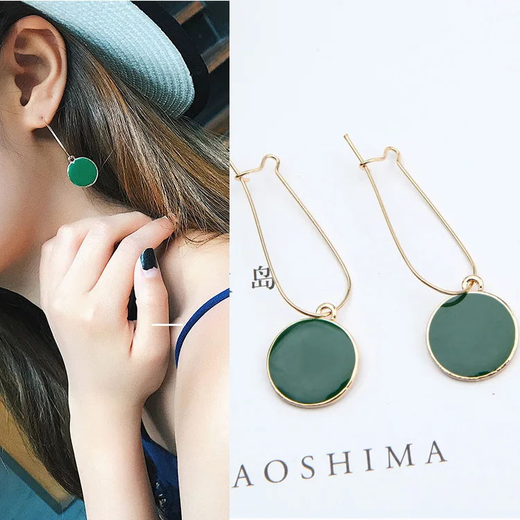 New Fashion Vintage Jewelry Women Green Circle Ear Pendants Long Drop Earrings Boucle D'oreille Pendante Femme Green Brincos