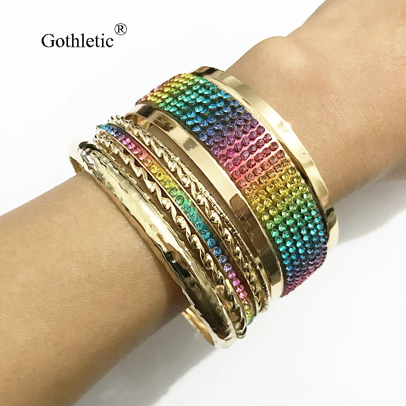 

Gothletic 3/5/6/9//10pcs/set Gold Color Multilayer Leopard Fabric Rhineston Bracelets & Bangles for Women Fashion India Jewelry