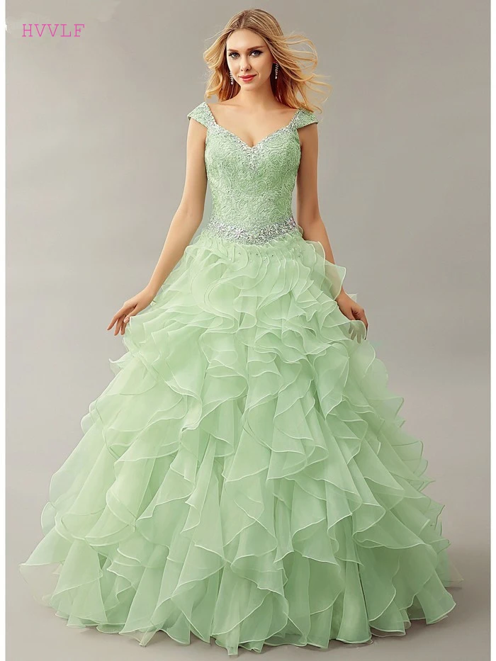 

Mint Green Puffy 2019 Cheap Quinceanera Dresses Ball Gown V-neck Cap Sleeves Organza Crystals Ruffles Sweet 16 Dresses