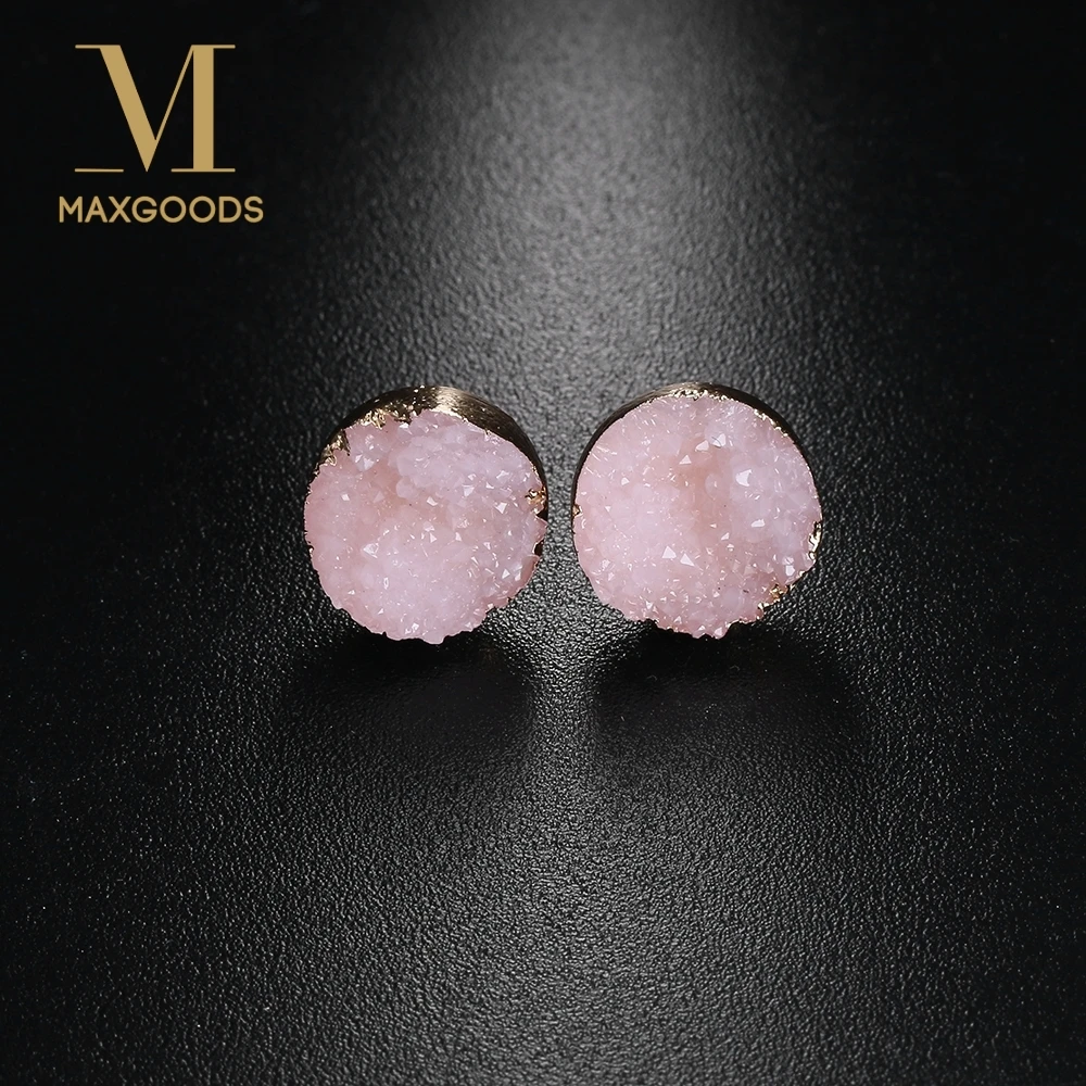 

1Pair Raw Crystal Quartz Druzy Stud Earrings Natural Resin Stone Round Multi Color Ear Stud Jewelry