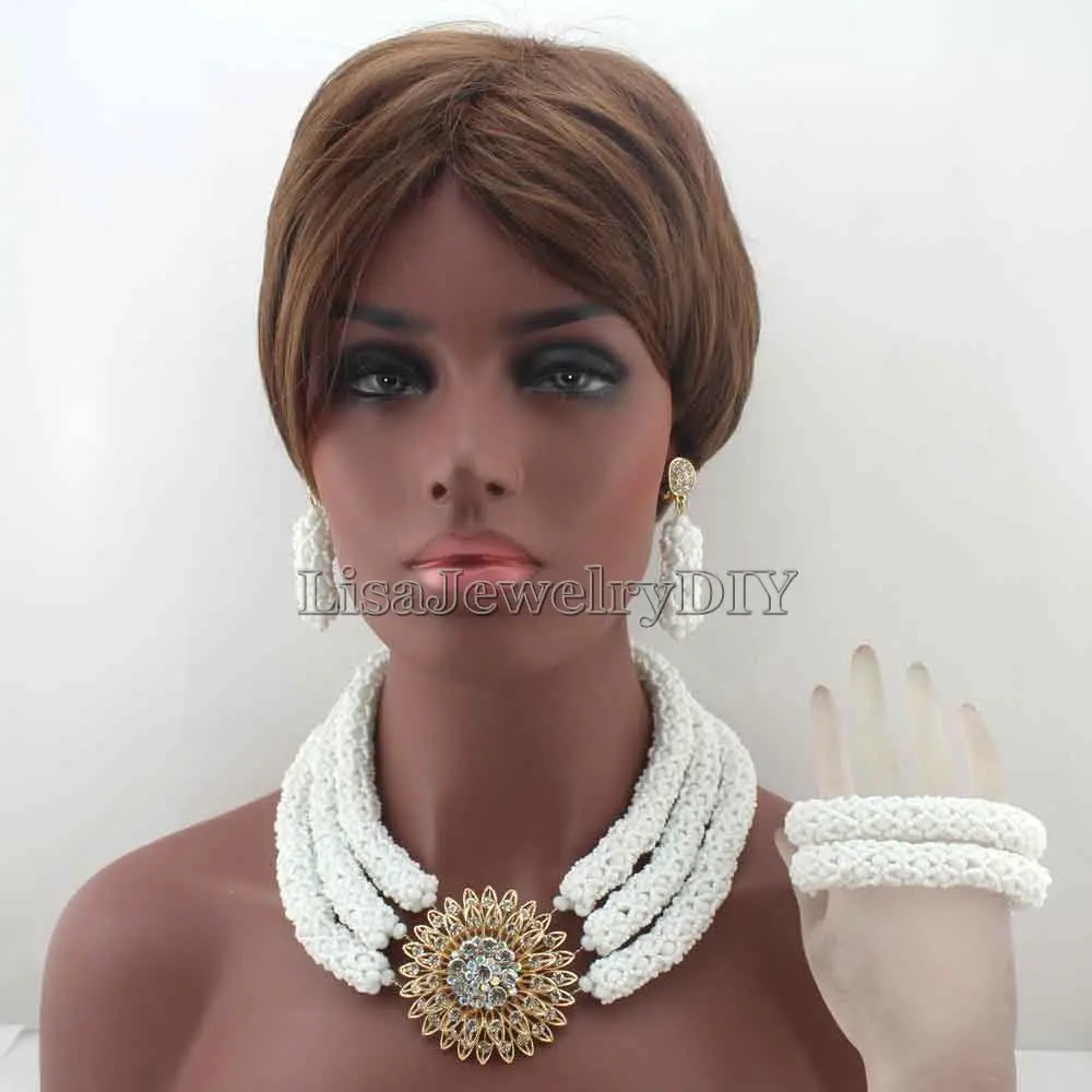 

Surprising New African Costume Jewelry Set 3 Layers White Crystal Beads Nigerian Chunky Necklace Set Free Shipping HD8237