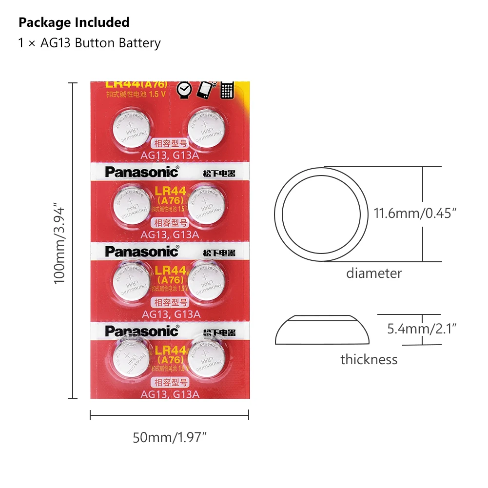 Panasonic 8 шт. 1,5 V кнопочный элемент Батарея lr44 Литиевые Батарейки-таблетки A76 AG13 G13A LR44 LR1154 357A SR44