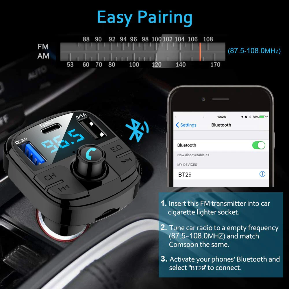 JINSERTA Latest Bluetooth 5.0 Car FM Transimtter QC3.0 Quick Charger Type-c FM Modulator TF USB Pendrive Music Car MP3 Player