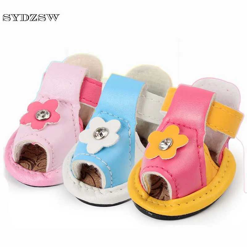

SYDZSW New PU Pet Boots Dog Shoes Cute Sunflowers One Diamond Candy Color Pet Summer Sandals Anti Slip Yorkie Dog Accessories