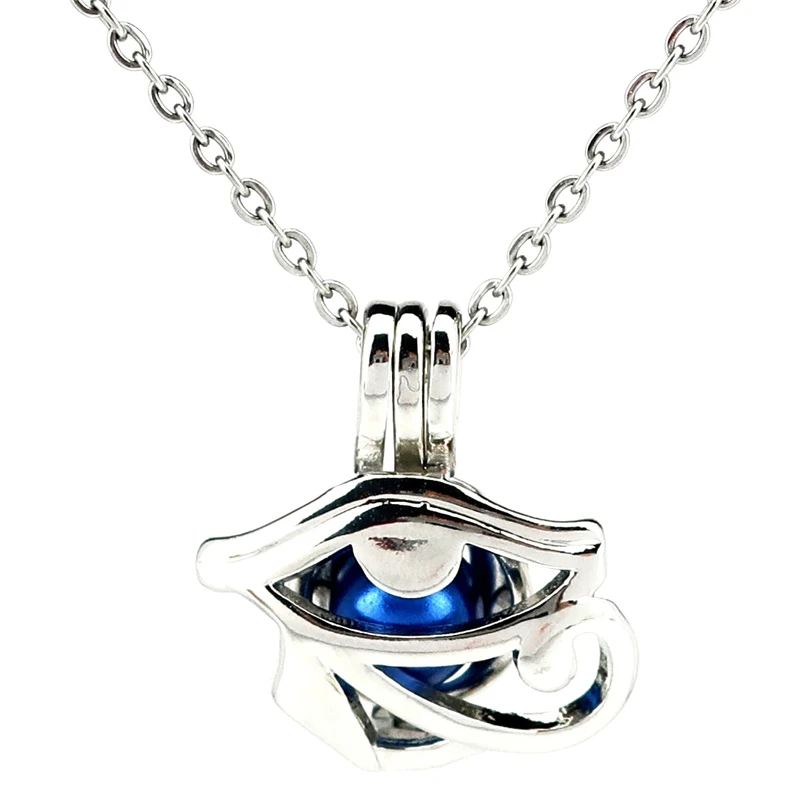 

K974 Silver Copper Egyptian Eye of Horus Ra Amulet Beads Pearl Cage Pendant Chain Aroma Essential Oil Diffuser Locket Necklace